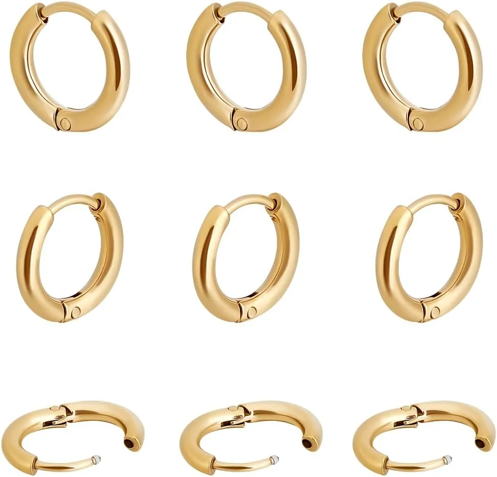 Beebeecraft 1 Box 10 Pairs Huggie Hoop Earrings 12mm 18K Gold Plated 304 Stainless Steel Round Hoop Earring Set for Women Men