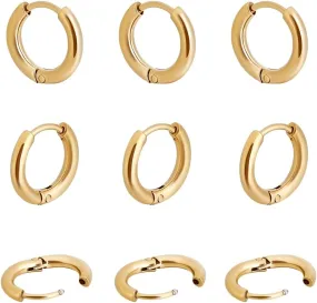 Beebeecraft 1 Box 10 Pairs Huggie Hoop Earrings 12mm 18K Gold Plated 304 Stainless Steel Round Hoop Earring Set for Women Men