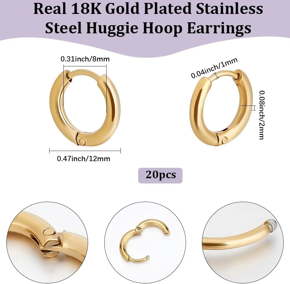 Beebeecraft 1 Box 10 Pairs Huggie Hoop Earrings 12mm 18K Gold Plated 304 Stainless Steel Round Hoop Earring Set for Women Men