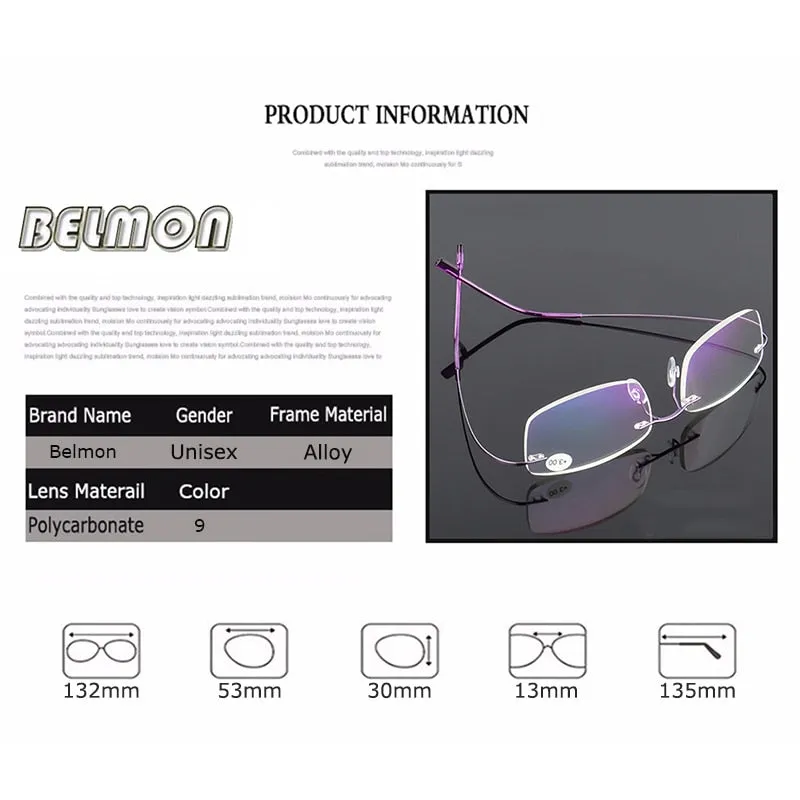 Belmon Unisex Rimless Rectangle Alloy Reading Glasses Rs079