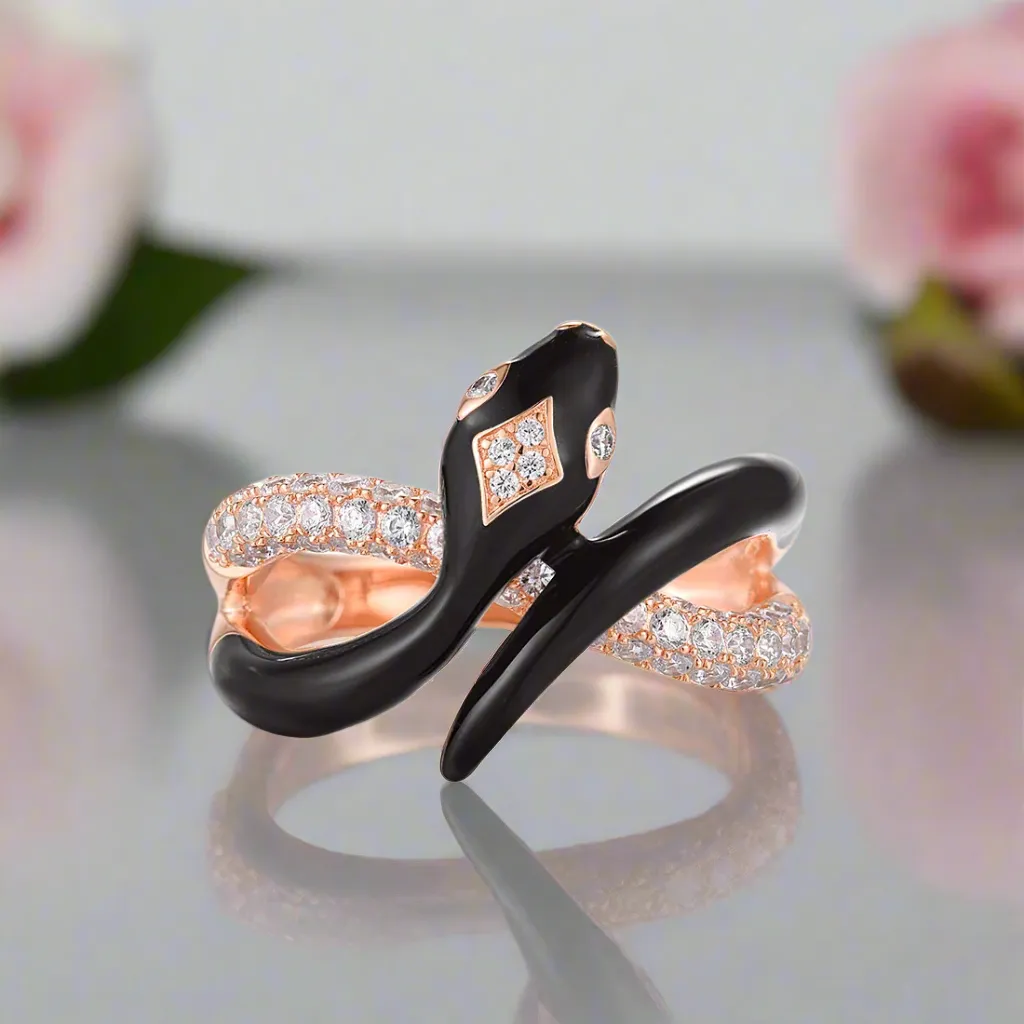 Black Enamel Wild Snake Rose Gold Ring