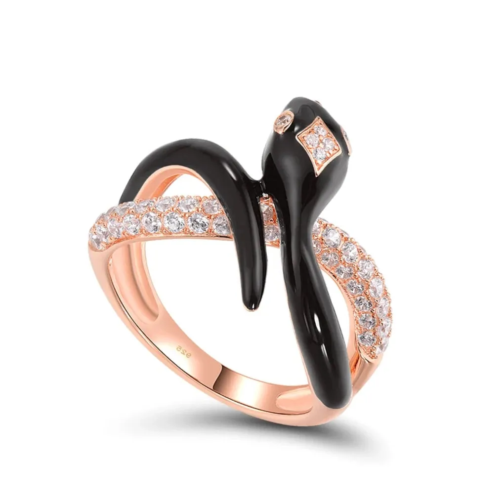 Black Enamel Wild Snake Rose Gold Ring