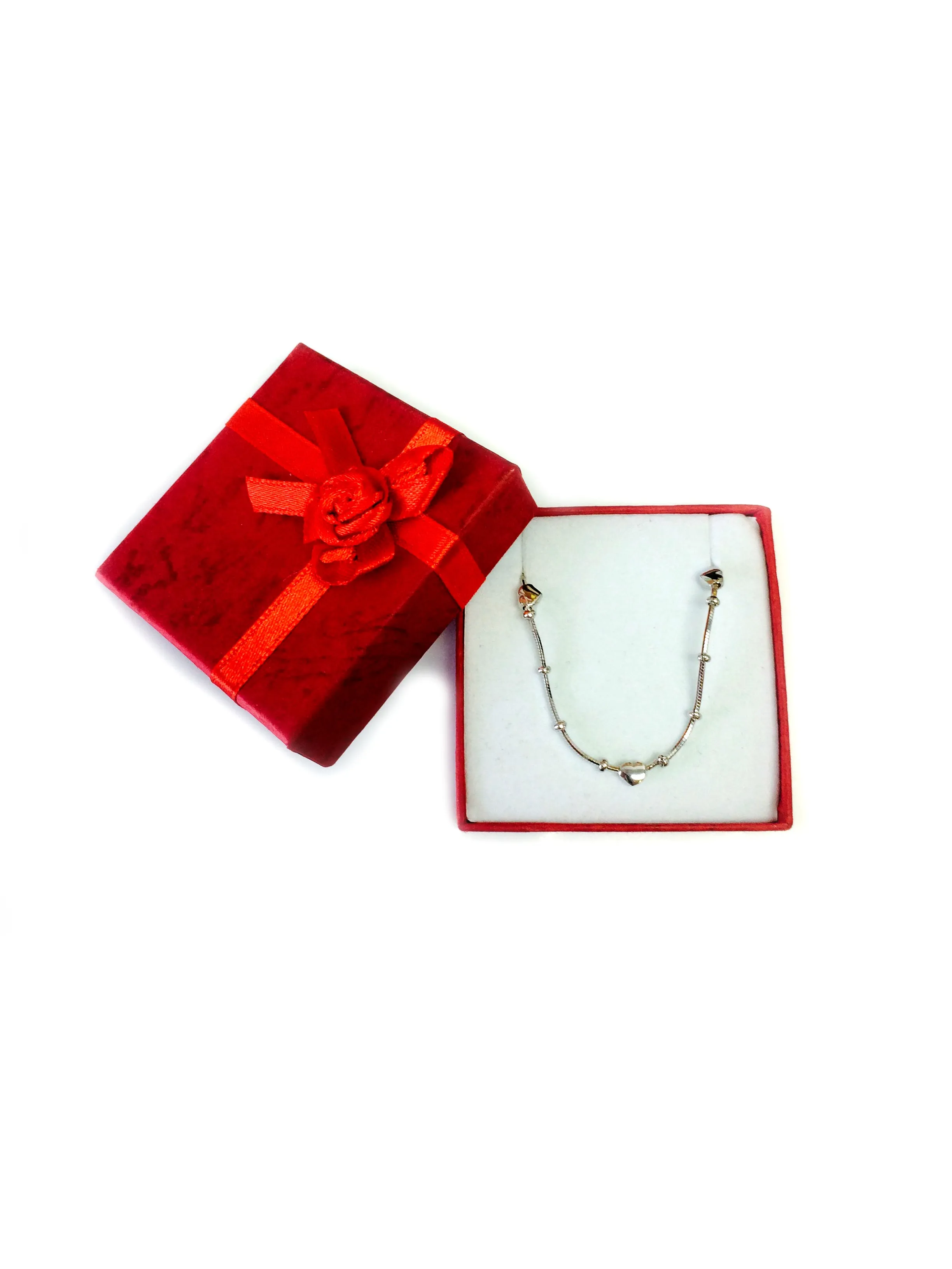 Box Chain With Heart Beads Anklet In Sterling Silver