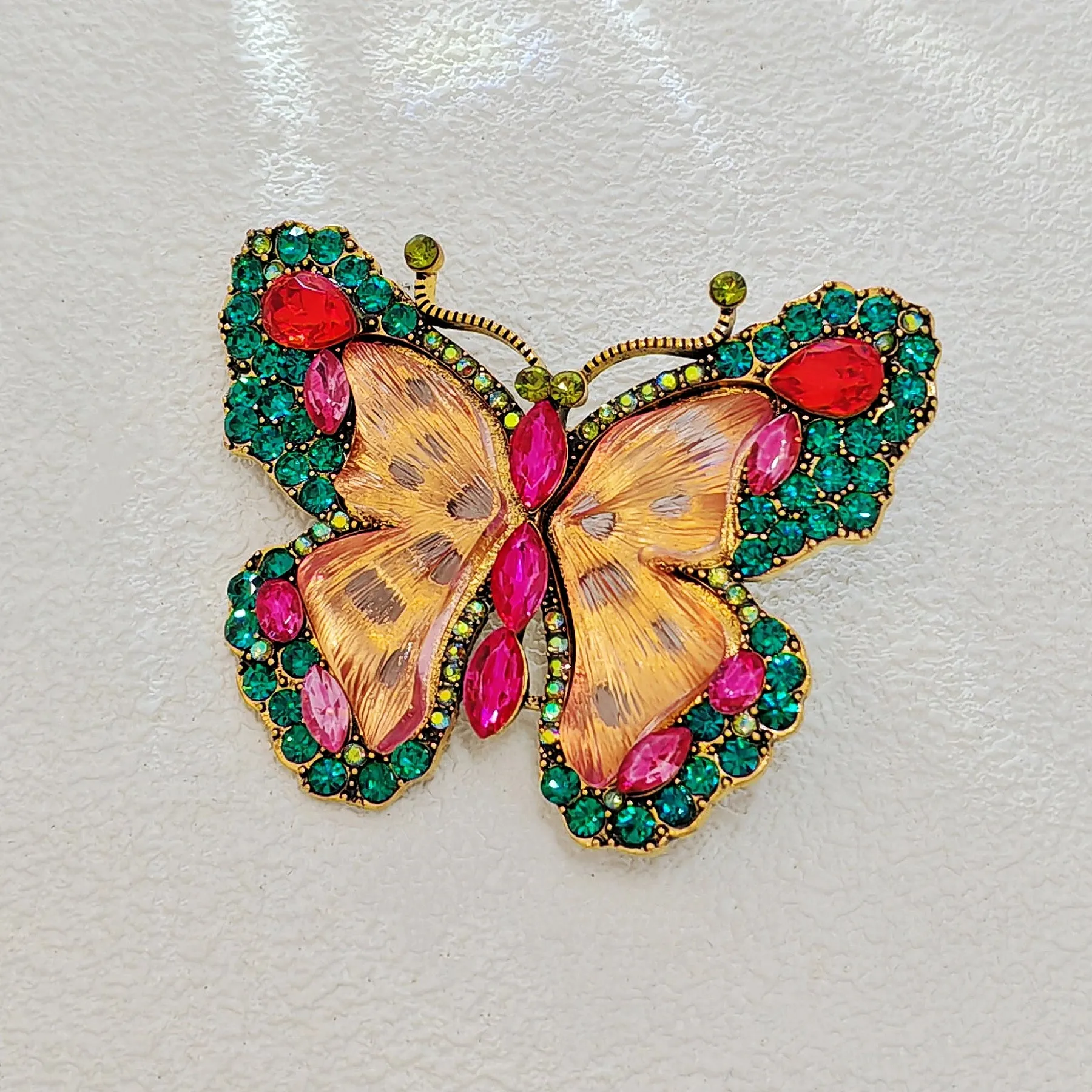 Brillant Green Crystal and Pink Enamel Butterfly Brooch Pin Women Insect Jewelry