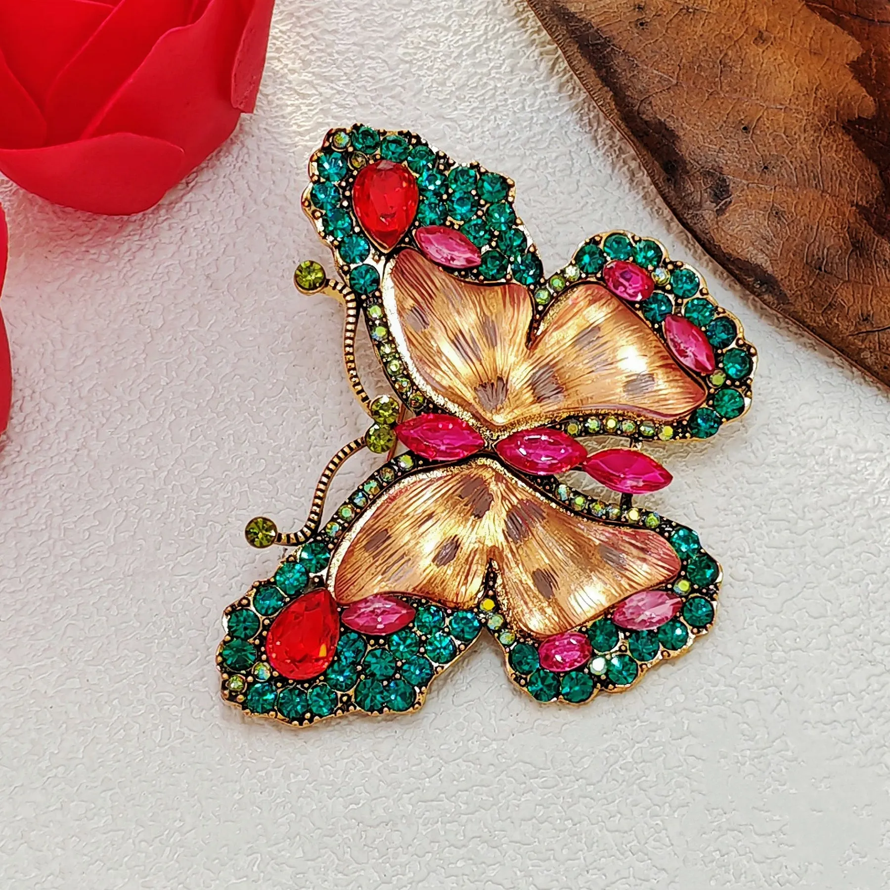 Brillant Green Crystal and Pink Enamel Butterfly Brooch Pin Women Insect Jewelry