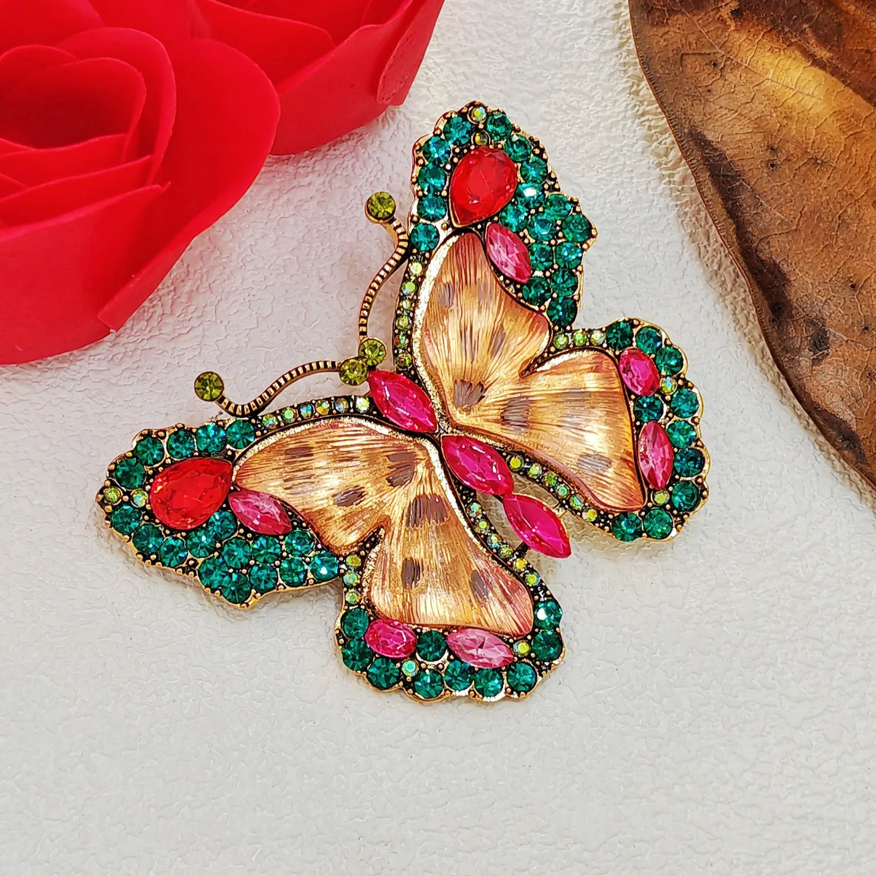 Brillant Green Crystal and Pink Enamel Butterfly Brooch Pin Women Insect Jewelry