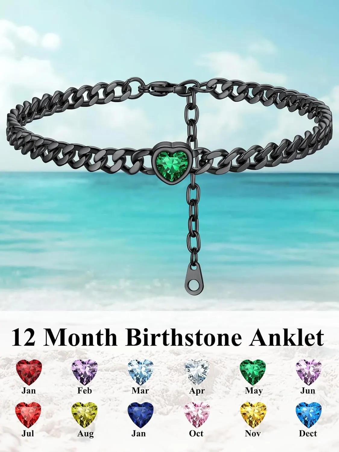 ChainsHouse Cuban Chain Anklets for Women,Stainless Steel Black 6mm Link Chain Ankle Bracelet with Heart Birthstone Jan - Dec 12 Months, 22cm-27cm Adjustable, with Gift Box