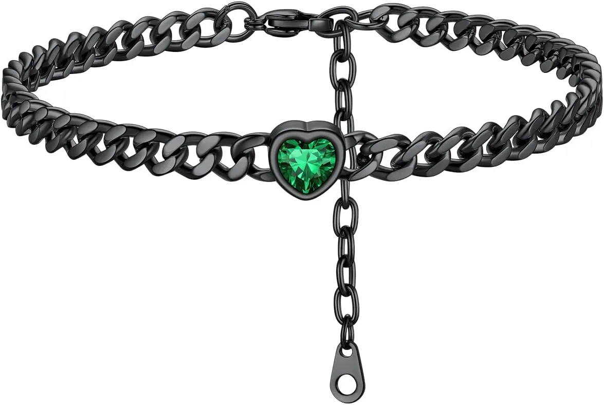 ChainsHouse Cuban Chain Anklets for Women,Stainless Steel Black 6mm Link Chain Ankle Bracelet with Heart Birthstone Jan - Dec 12 Months, 22cm-27cm Adjustable, with Gift Box