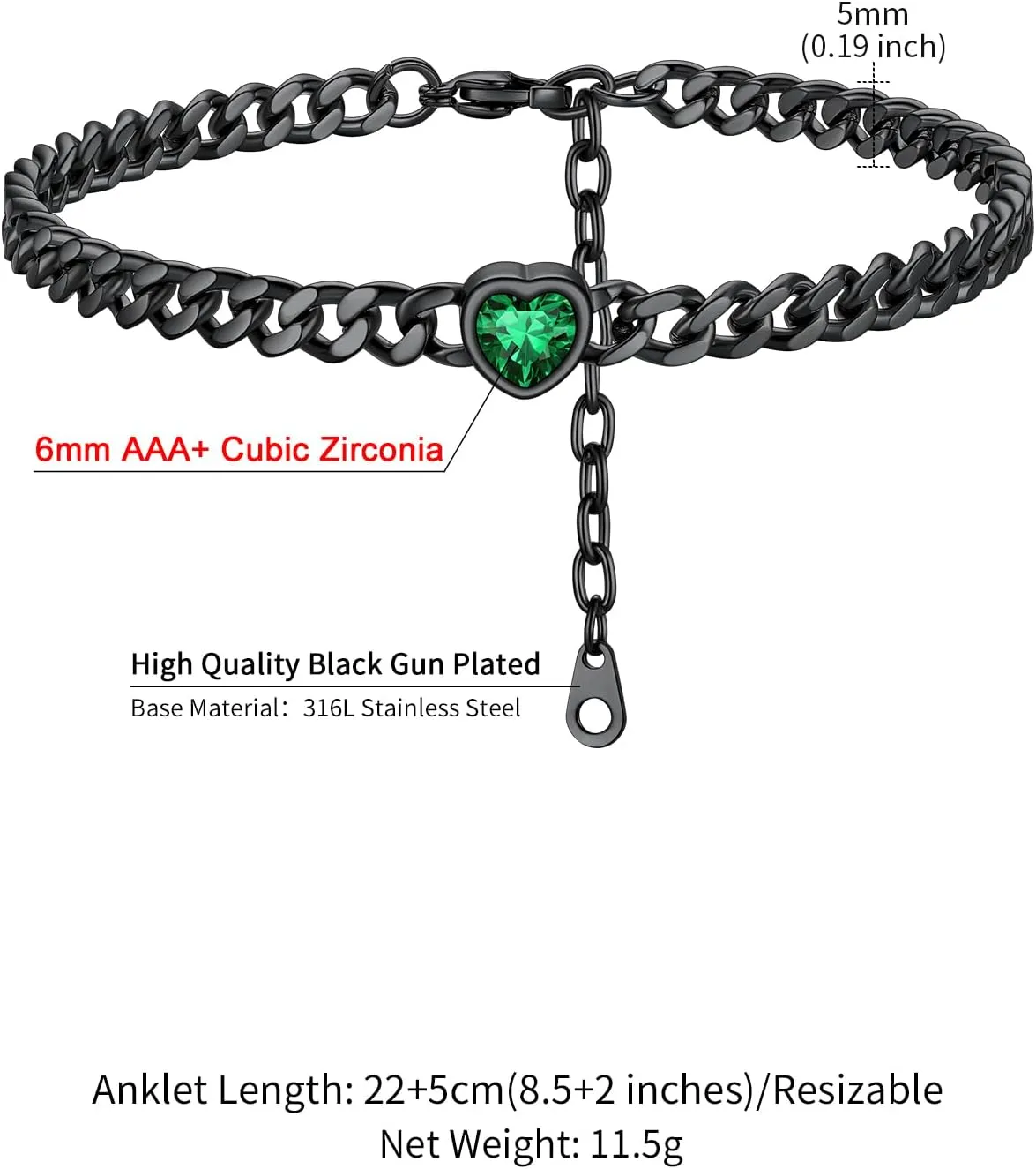 ChainsHouse Cuban Chain Anklets for Women,Stainless Steel Black 6mm Link Chain Ankle Bracelet with Heart Birthstone Jan - Dec 12 Months, 22cm-27cm Adjustable, with Gift Box