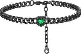 ChainsHouse Cuban Chain Anklets for Women,Stainless Steel Black 6mm Link Chain Ankle Bracelet with Heart Birthstone Jan - Dec 12 Months, 22cm-27cm Adjustable, with Gift Box