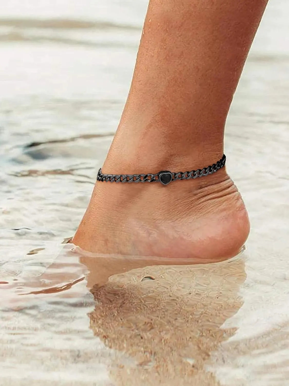ChainsHouse Cuban Chain Anklets for Women,Stainless Steel Black 6mm Link Chain Ankle Bracelet with Heart Birthstone Jan - Dec 12 Months, 22cm-27cm Adjustable, with Gift Box