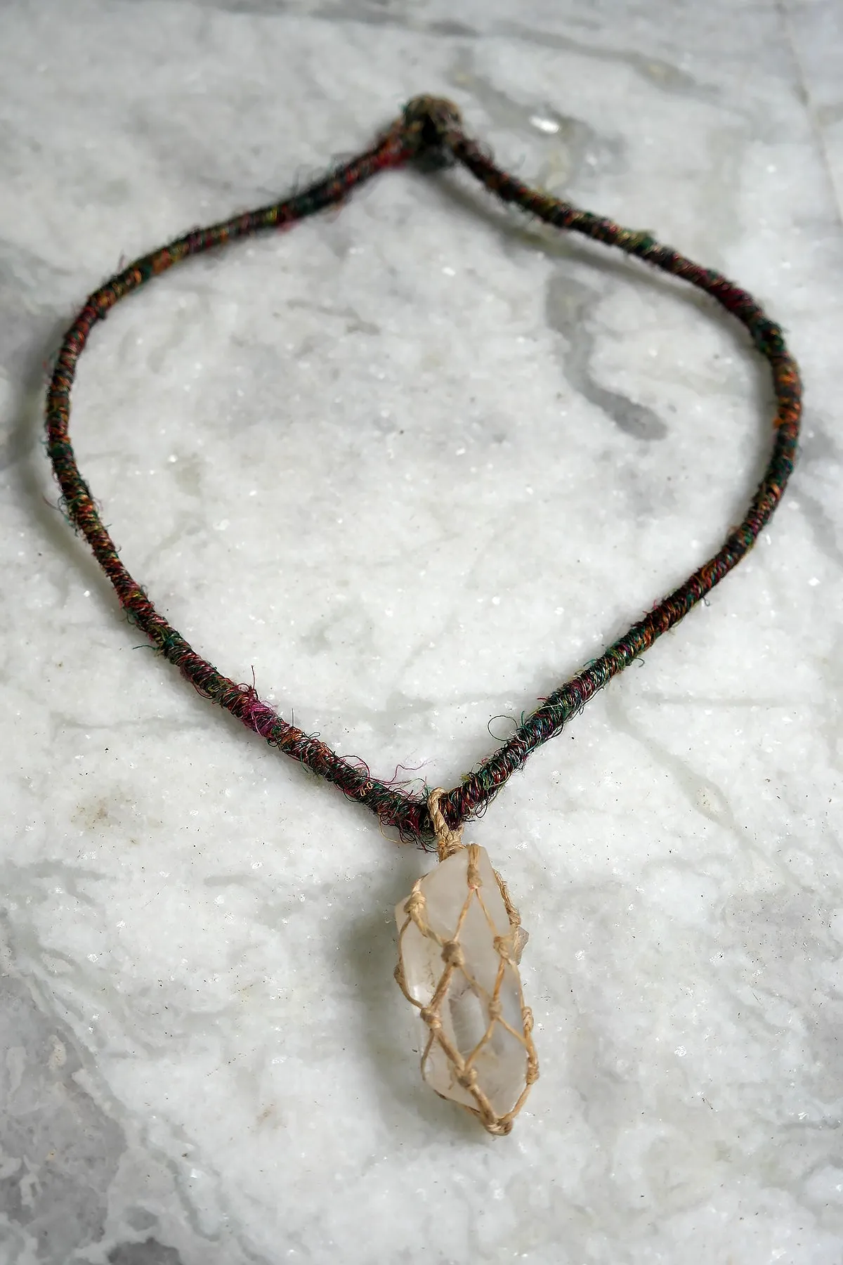 Clear Crystal Stone Pendant Necklace with Silk Cord