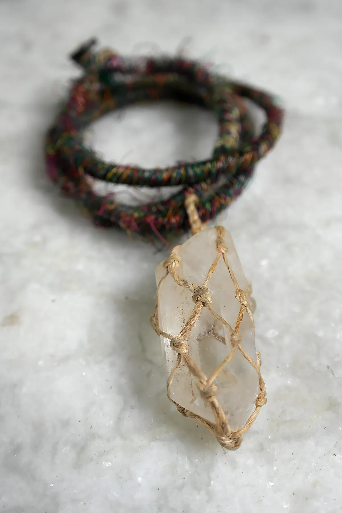Clear Crystal Stone Pendant Necklace with Silk Cord