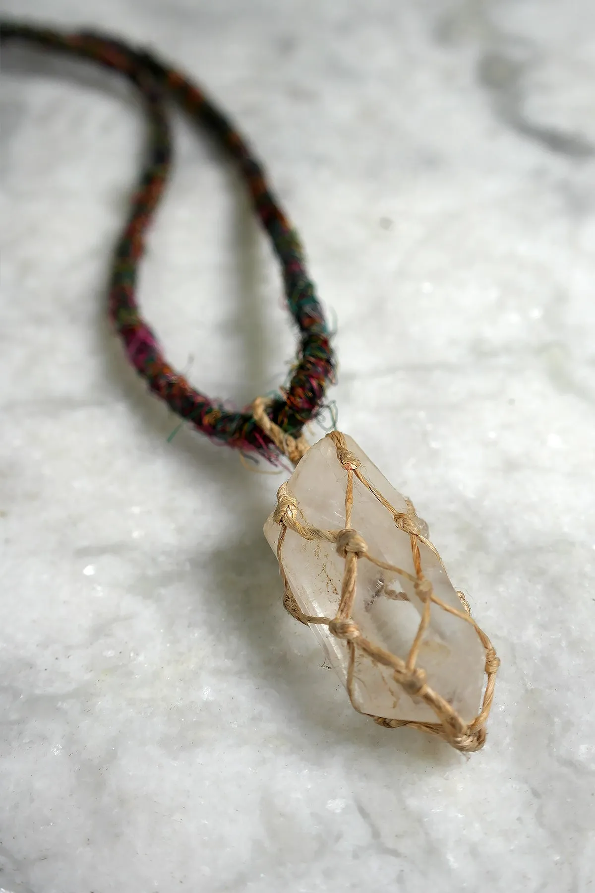 Clear Crystal Stone Pendant Necklace with Silk Cord