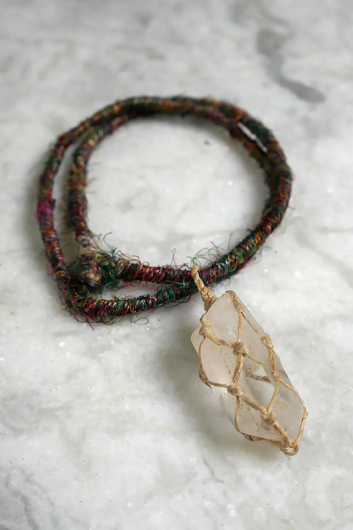 Clear Crystal Stone Pendant Necklace with Silk Cord
