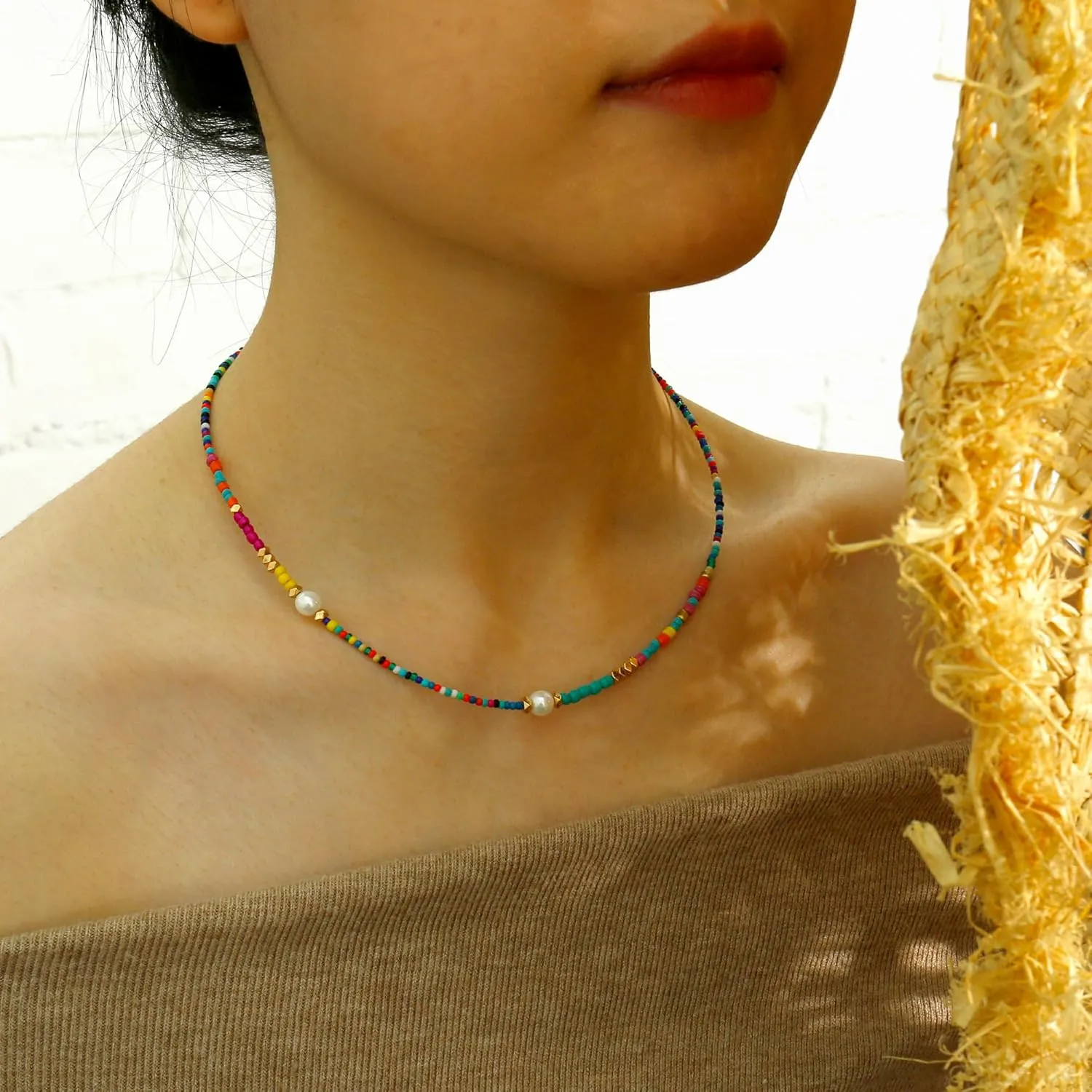 Colorful Beaded Choker Necklace For Women Short Statement Boho Beaded Pearl Adjustable Necklace For Women Summer Beach Jewelry Gift