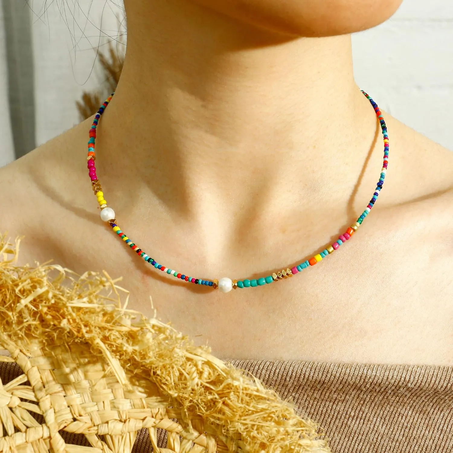 Colorful Beaded Choker Necklace For Women Short Statement Boho Beaded Pearl Adjustable Necklace For Women Summer Beach Jewelry Gift