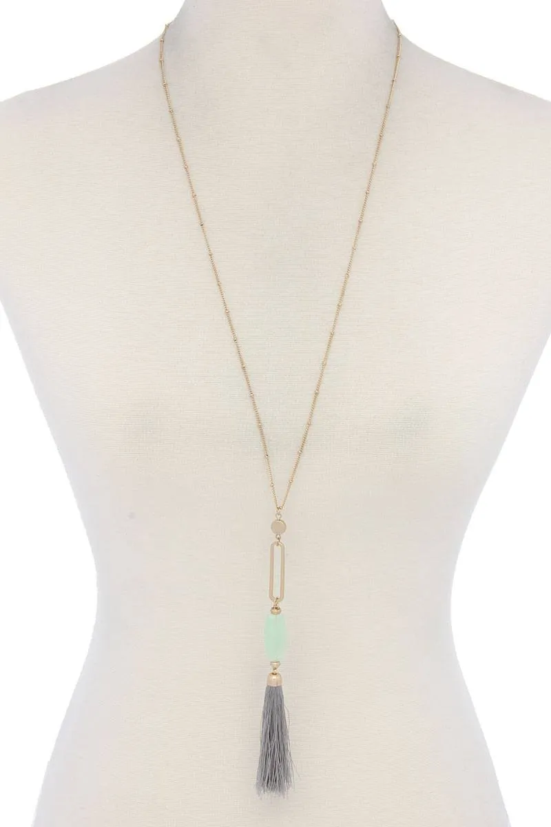 Cut Out Long Oval Bead Tassel Pendant Necklace