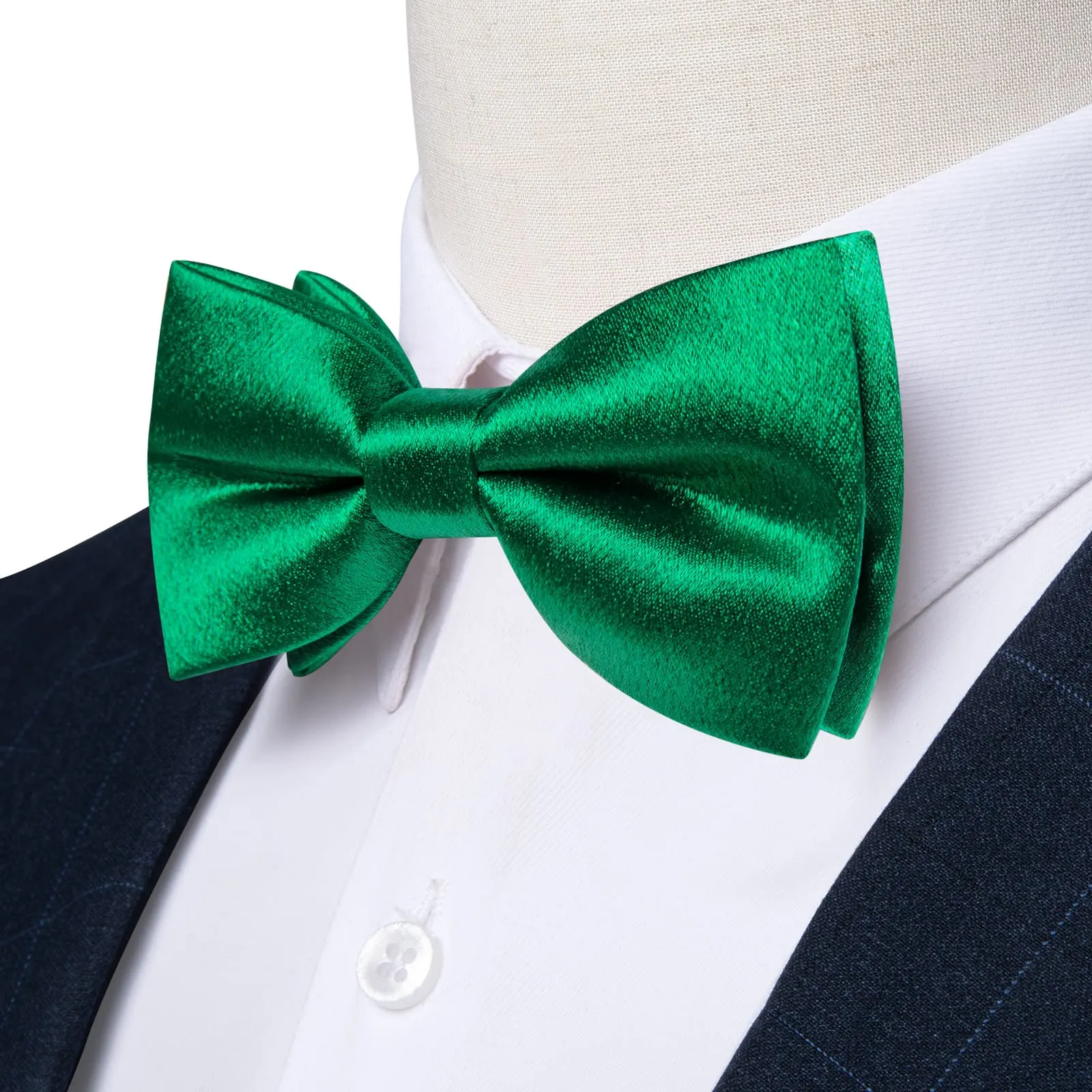 DiBanGu Silk Bow Tie Shining Emerald Green Solid Mens Pre-Tied Bowtie Handkerchief Cufflinks Set