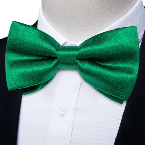 DiBanGu Silk Bow Tie Shining Emerald Green Solid Mens Pre-Tied Bowtie Handkerchief Cufflinks Set