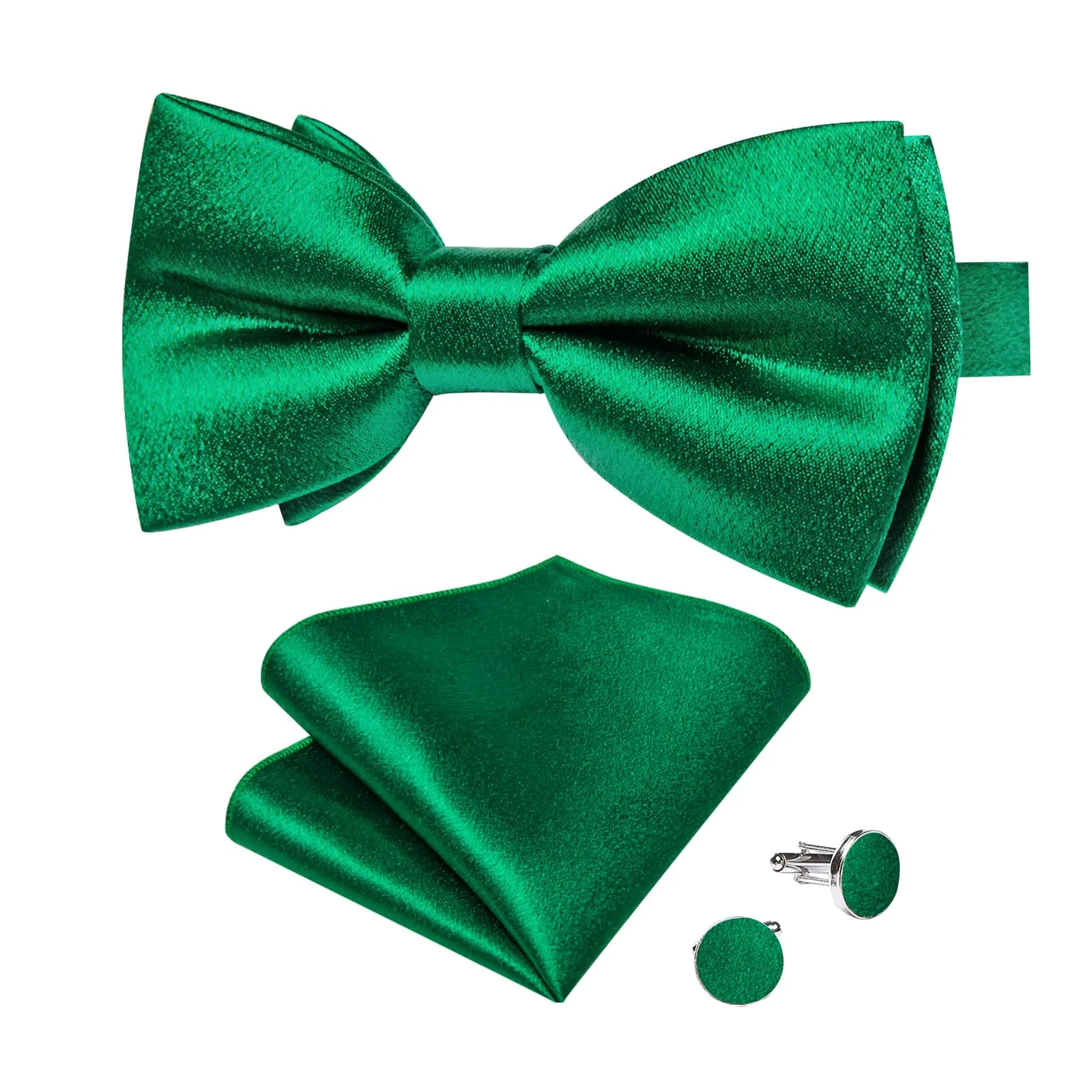 DiBanGu Silk Bow Tie Shining Emerald Green Solid Mens Pre-Tied Bowtie Handkerchief Cufflinks Set