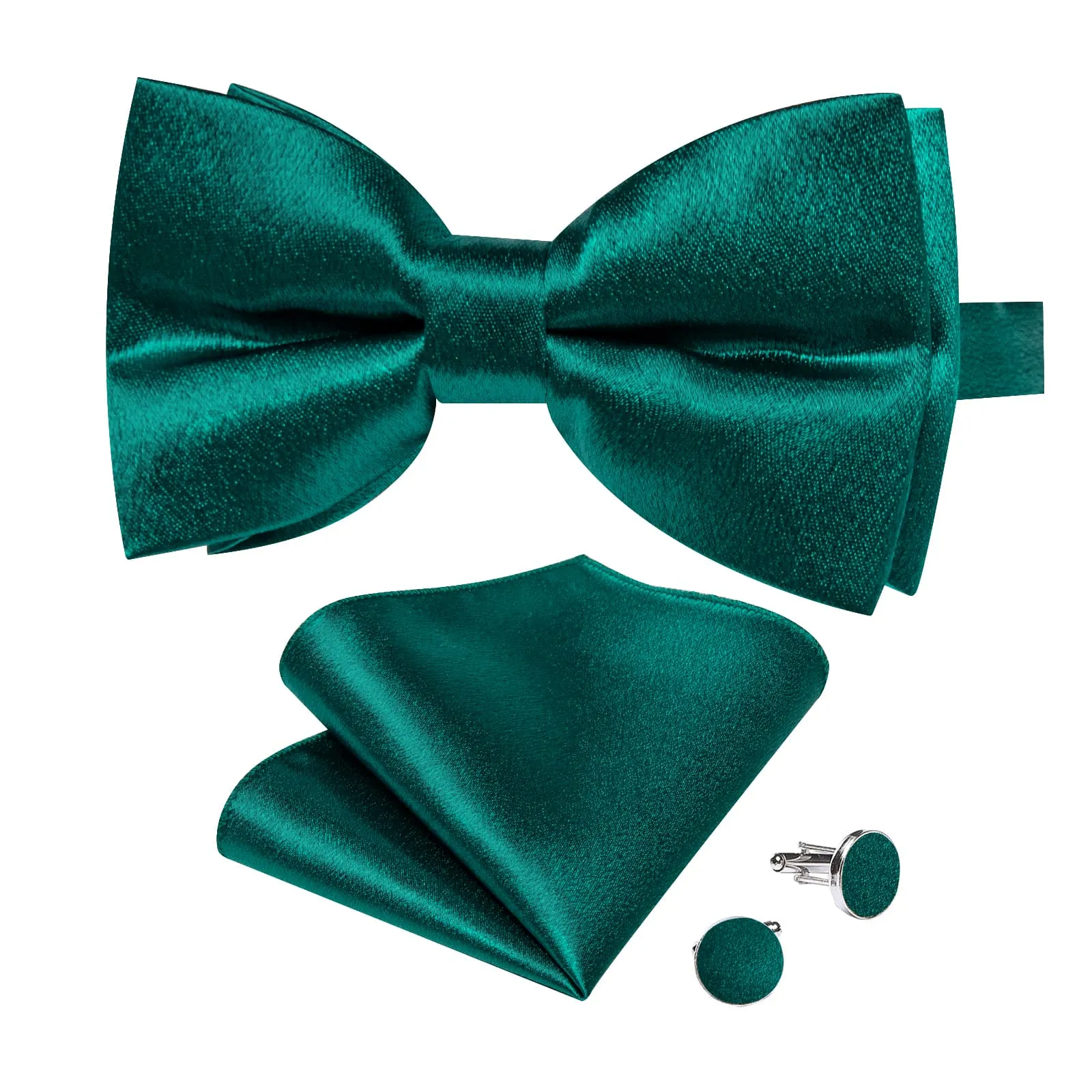 DiBanGu Silk Bow Tie Shining Teal Green Solid Mens Pre-Tied Bowtie Handkerchief Cufflinks Set