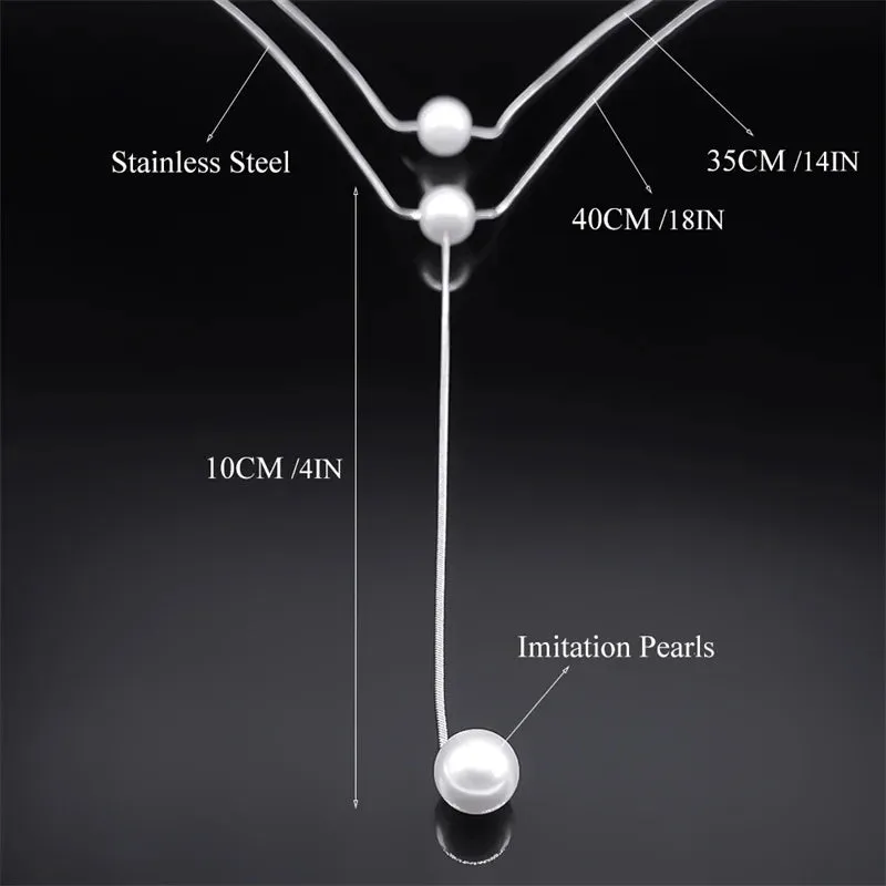 Double Layer Simulated Pearl Tassel Necklace for Women Stainless Steel Sweater Long Chain Necklace