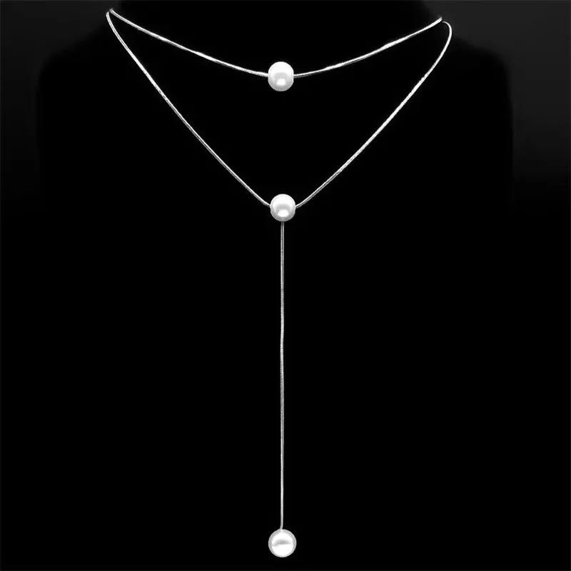 Double Layer Simulated Pearl Tassel Necklace for Women Stainless Steel Sweater Long Chain Necklace