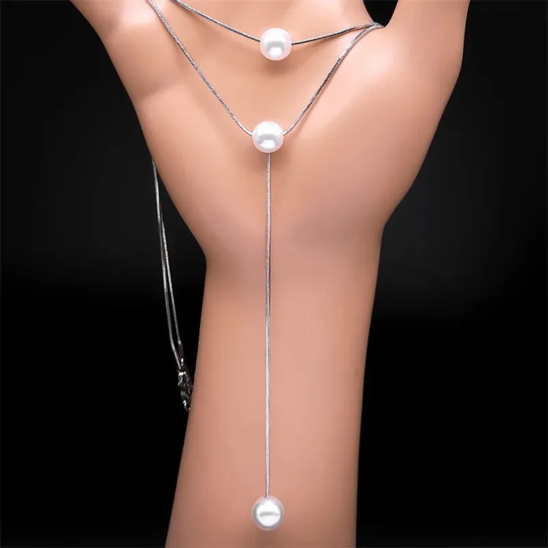 Double Layer Simulated Pearl Tassel Necklace for Women Stainless Steel Sweater Long Chain Necklace