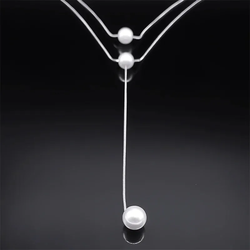 Double Layer Simulated Pearl Tassel Necklace for Women Stainless Steel Sweater Long Chain Necklace