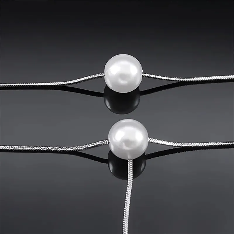 Double Layer Simulated Pearl Tassel Necklace for Women Stainless Steel Sweater Long Chain Necklace
