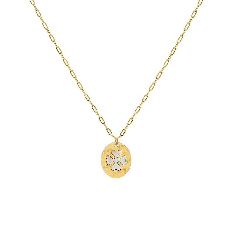 Elegant Four Leaf Flower Seashell Pendant Necklace with Gold Collarbone Chain