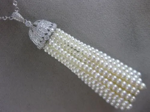 ESTATE EXTRA LARGE 1.27CT DIAMOND & AAA PEARL 18KT WHITE GOLD 3D TASSLE NECKLACE