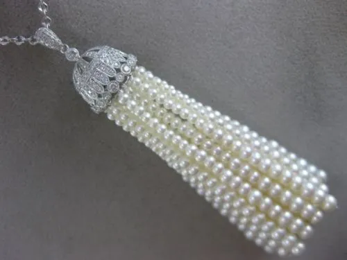 ESTATE EXTRA LARGE 1.27CT DIAMOND & AAA PEARL 18KT WHITE GOLD 3D TASSLE NECKLACE