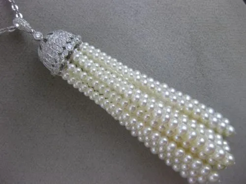 ESTATE EXTRA LARGE 1.27CT DIAMOND & AAA PEARL 18KT WHITE GOLD 3D TASSLE NECKLACE