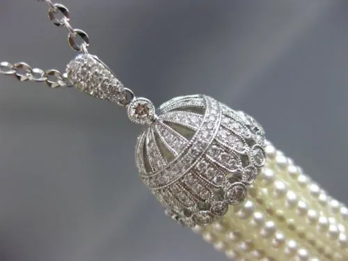 ESTATE EXTRA LARGE 1.27CT DIAMOND & AAA PEARL 18KT WHITE GOLD 3D TASSLE NECKLACE