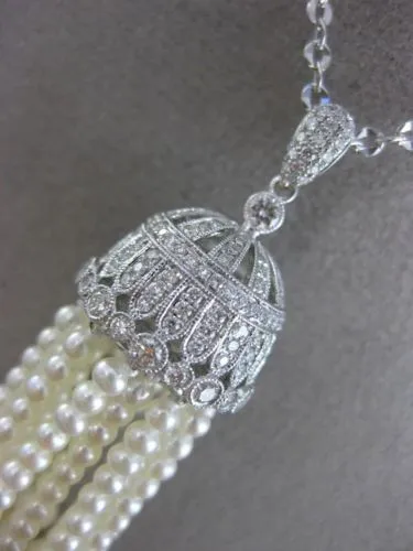 ESTATE EXTRA LARGE 1.27CT DIAMOND & AAA PEARL 18KT WHITE GOLD 3D TASSLE NECKLACE