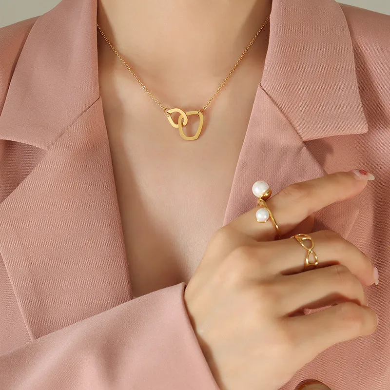 European and American Chocolate Geometric Double Ring Pendant Necklace - Chic Titanium Steel Collarbone Chain