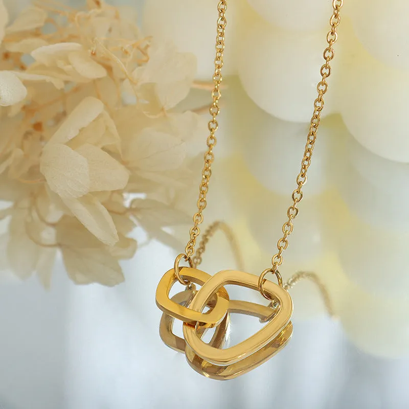 European and American Chocolate Geometric Double Ring Pendant Necklace - Chic Titanium Steel Collarbone Chain