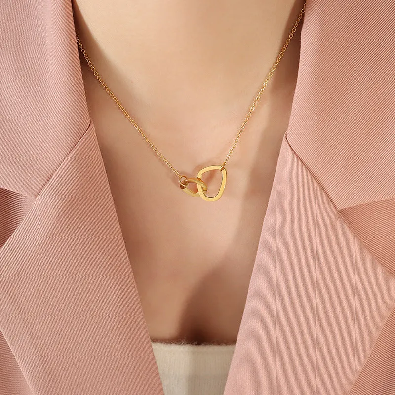 European and American Chocolate Geometric Double Ring Pendant Necklace - Chic Titanium Steel Collarbone Chain