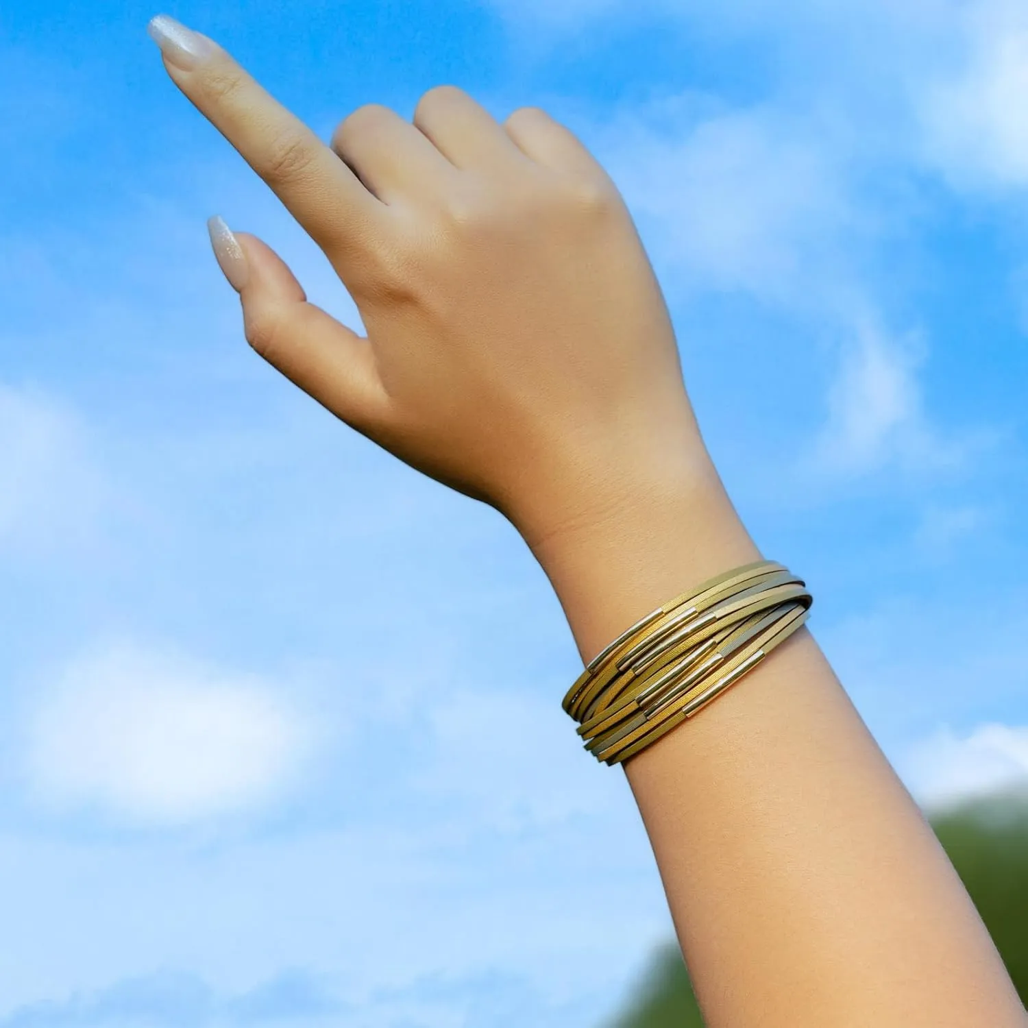 FANCY SHINY Boho Leather Bangle Bracelets Stackable Noodle Tube Bracelets Layered Wrap Cuff Bracelets with Magnetic Clasp