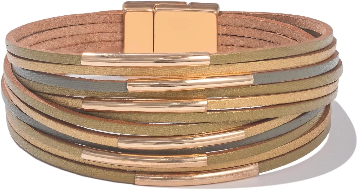 FANCY SHINY Boho Leather Bangle Bracelets Stackable Noodle Tube Bracelets Layered Wrap Cuff Bracelets with Magnetic Clasp