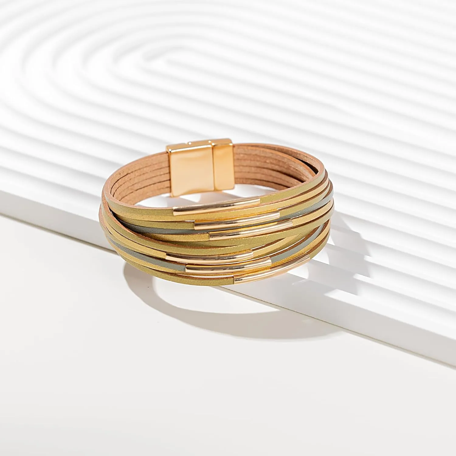 FANCY SHINY Boho Leather Bangle Bracelets Stackable Noodle Tube Bracelets Layered Wrap Cuff Bracelets with Magnetic Clasp