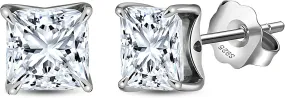Faux Diamond Stud Earrings For Women 14k White Gold Plated Sterling Silver Cubic Zirconia Earring Studs for Her by Ginger Lyne 6mm 2.5 Ct Princess Cut Pierced Hypoallergenic Minimalist Jewelry