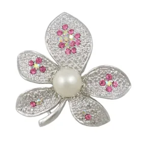 Flower with Pink Crystals and White Pearl Brooch Pin - PRP310