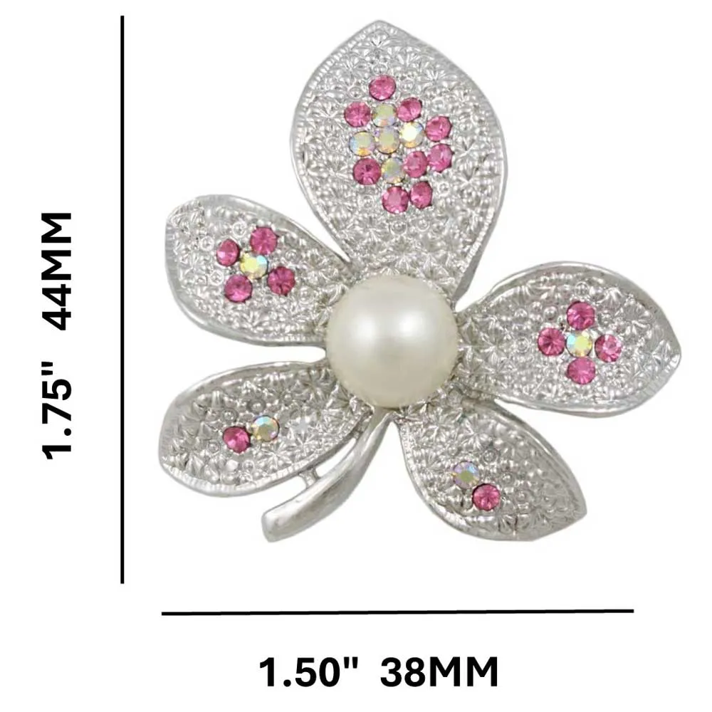 Flower with Pink Crystals and White Pearl Brooch Pin - PRP310