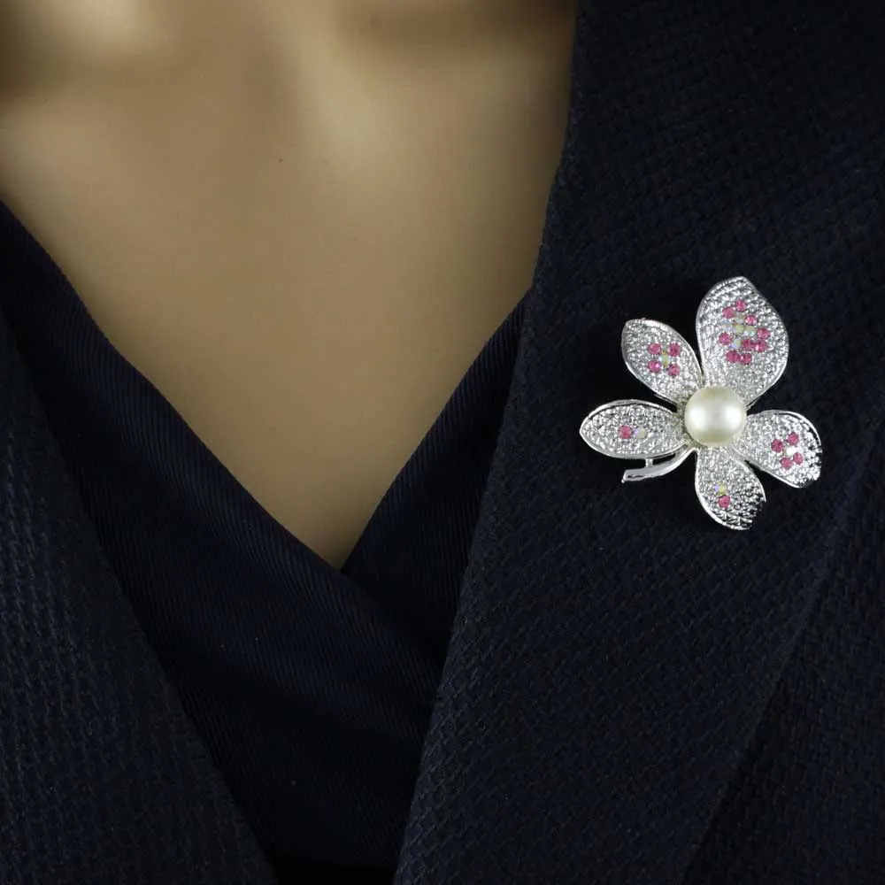Flower with Pink Crystals and White Pearl Brooch Pin - PRP310