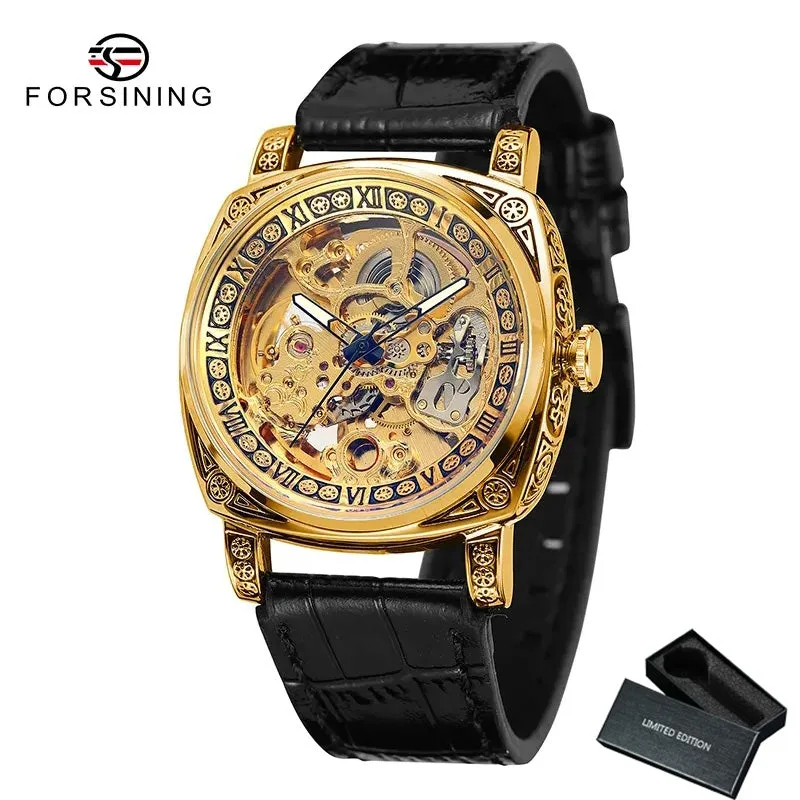 Forsining Luxury Engraved Square Gold Skeleton Automatic Mechanical Mens Watches TM 403 Crazy Horse Leather Strap