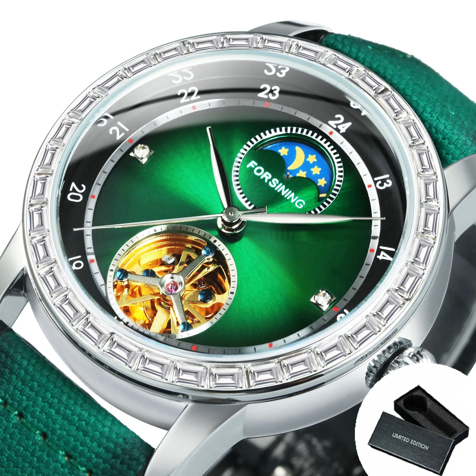 Forsining Luxury Tourbillon Moon Phase Skeleton Automatic Mechanical Mens Watches TM 412