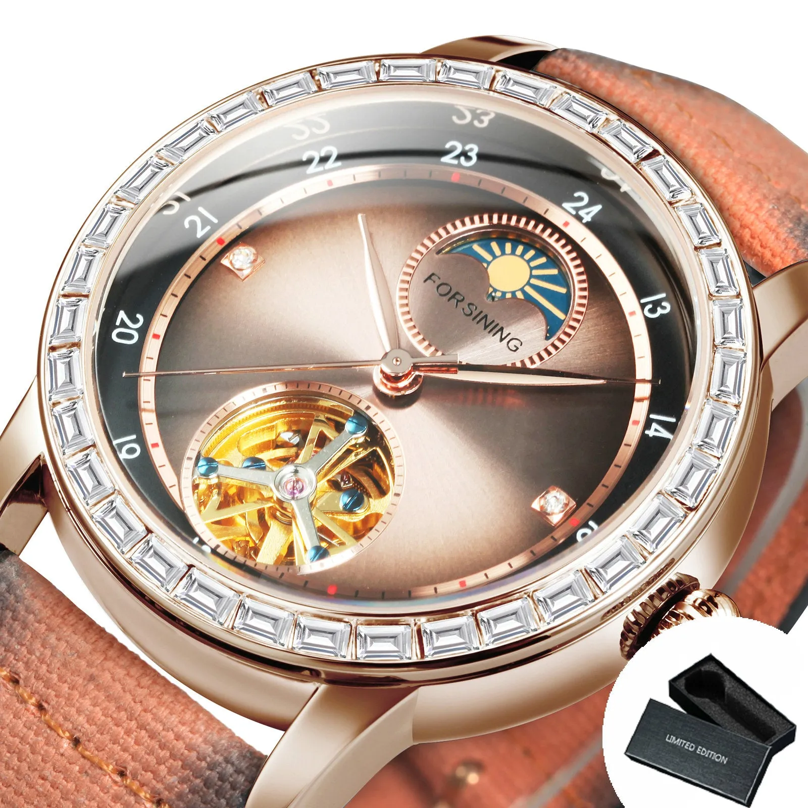 Forsining Luxury Tourbillon Moon Phase Skeleton Automatic Mechanical Mens Watches TM 412